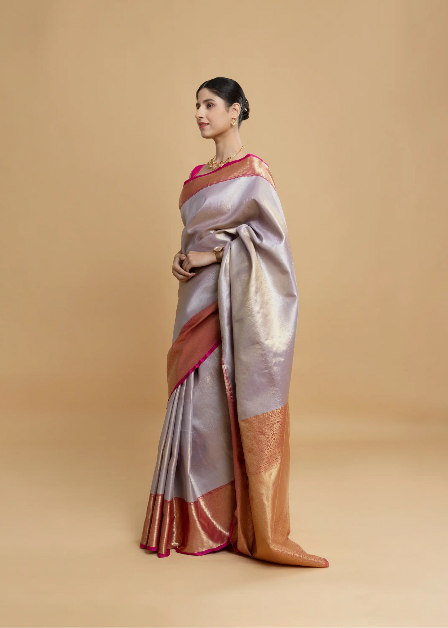 Silver Kanjeevaram Silk Saree, With Pink Border And Zari Pallu