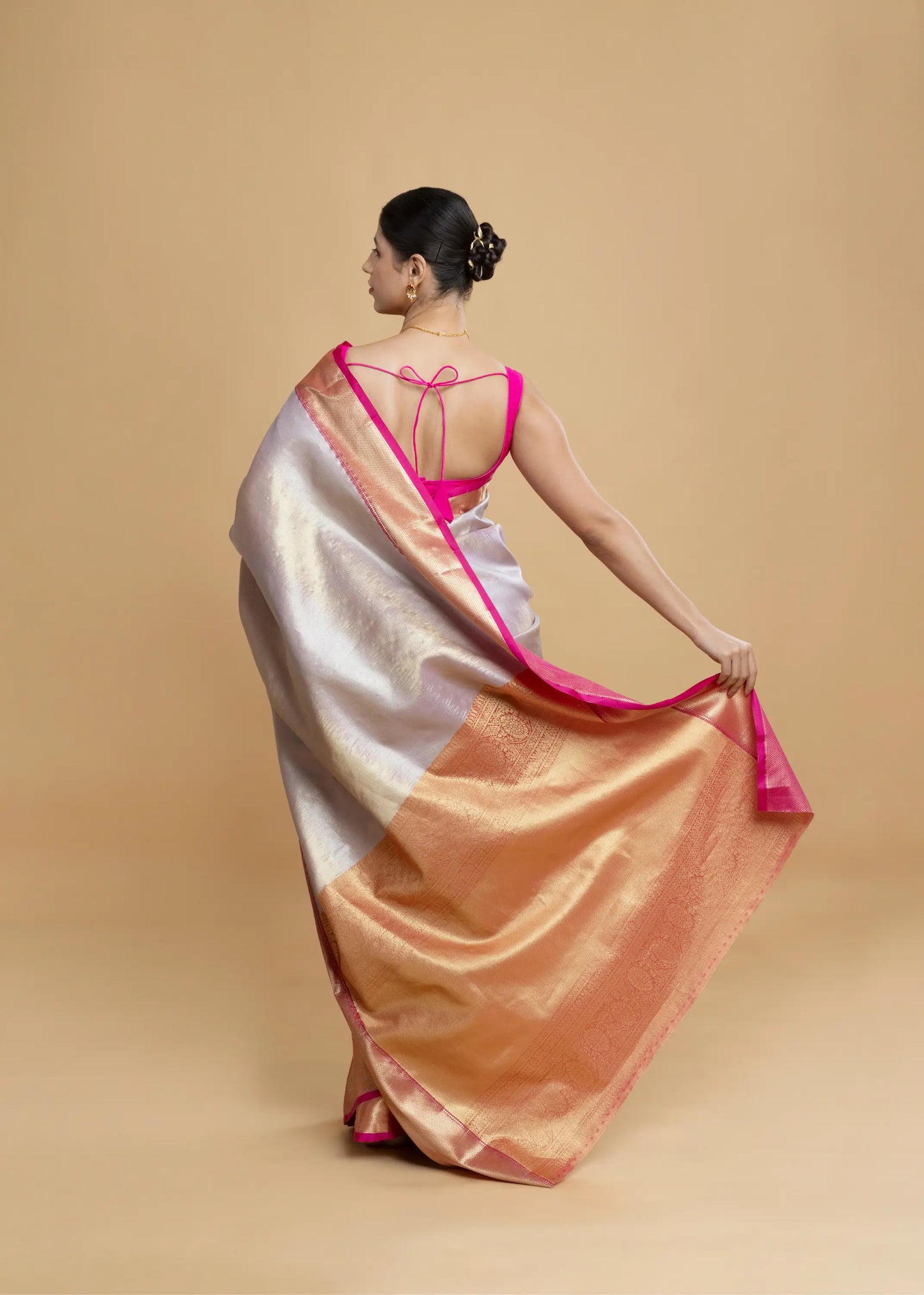 Silver Kanjeevaram Silk Saree, With Pink Border And Zari Pallu