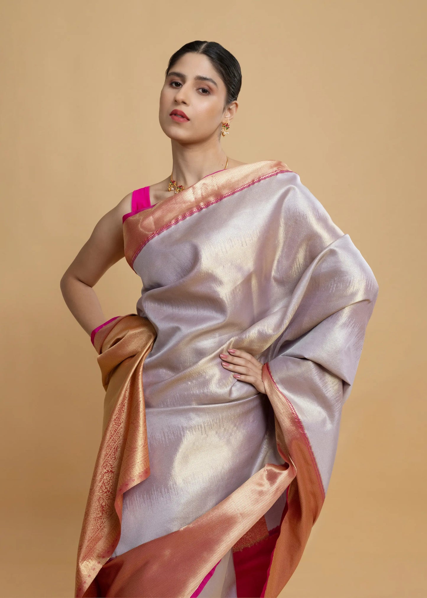 Silver Kanjeevaram Silk Saree, With Pink Border And Zari Pallu