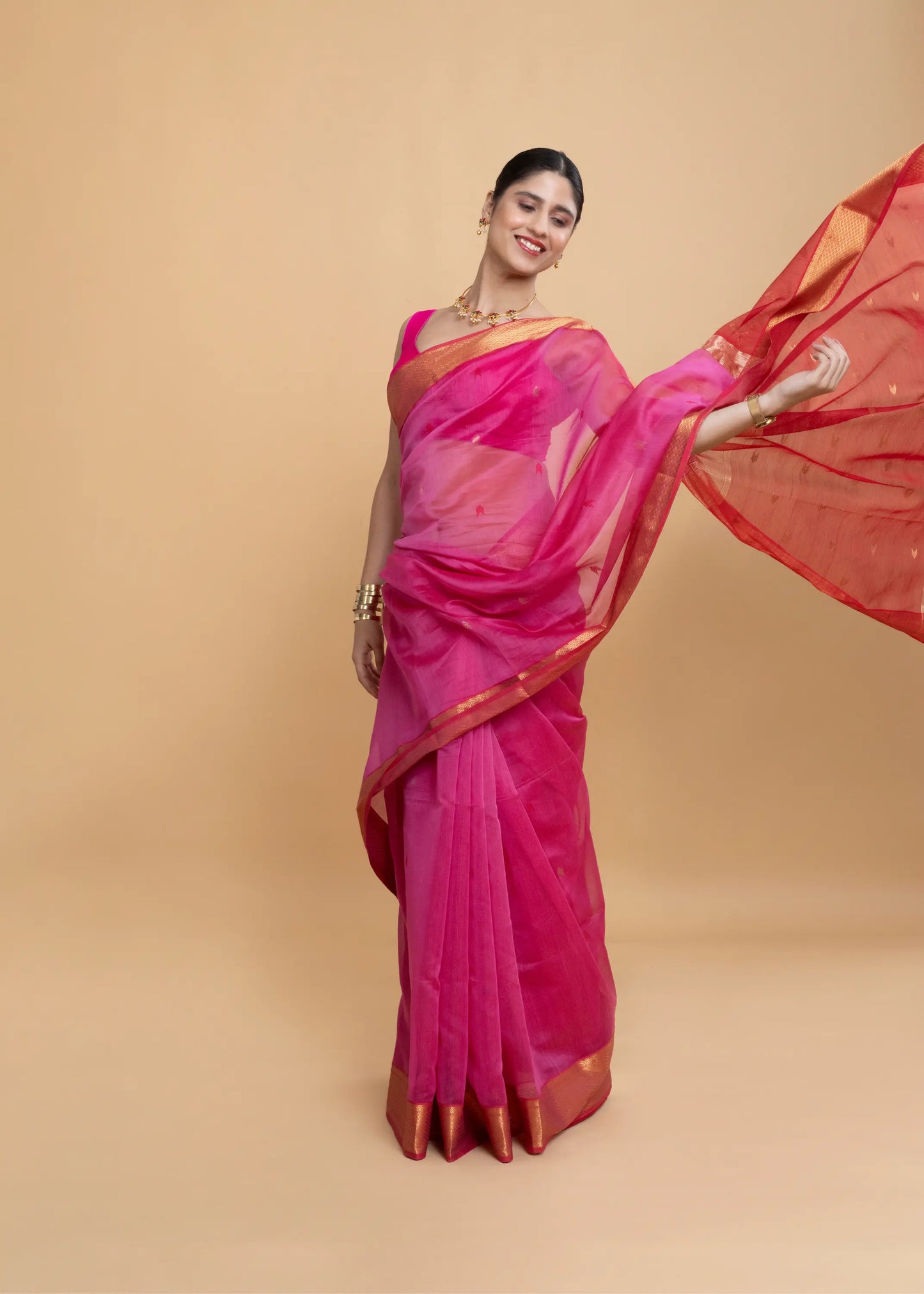 Pink Maheshwari Saree, With Overall Bootis And Geometric Zari Border