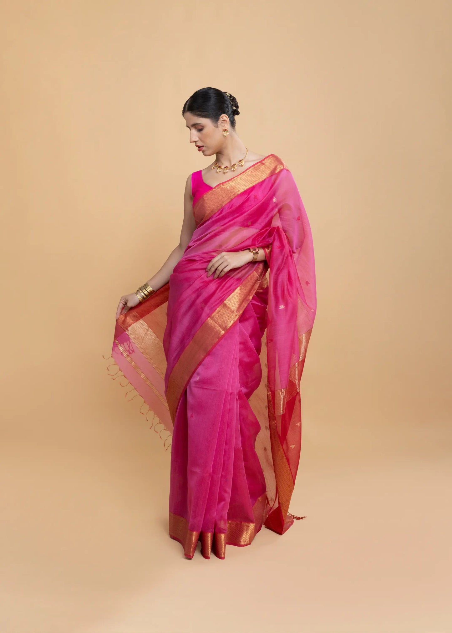 Pink Maheshwari Saree, With Overall Bootis And Geometric Zari Border