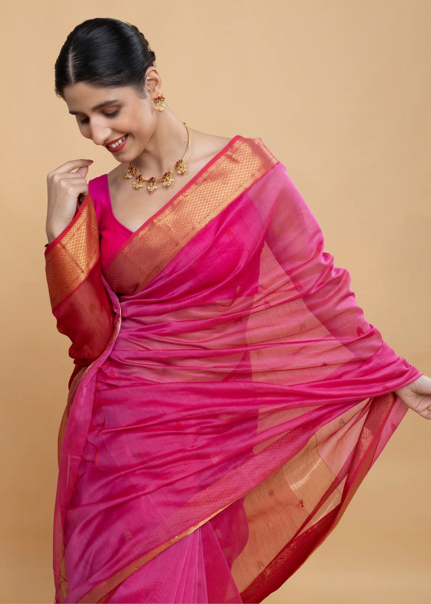Pink Maheshwari Saree, With Overall Bootis And Geometric Zari Border