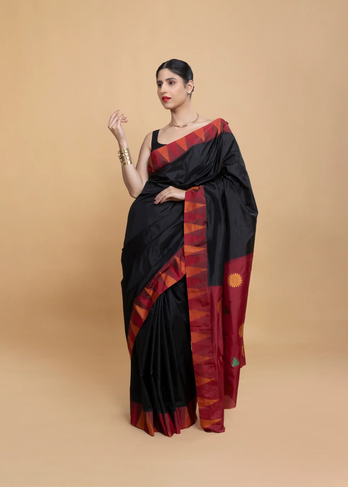 Black Kanjeevaram Silk Saree, With Red Contrast Border (No Blouse)