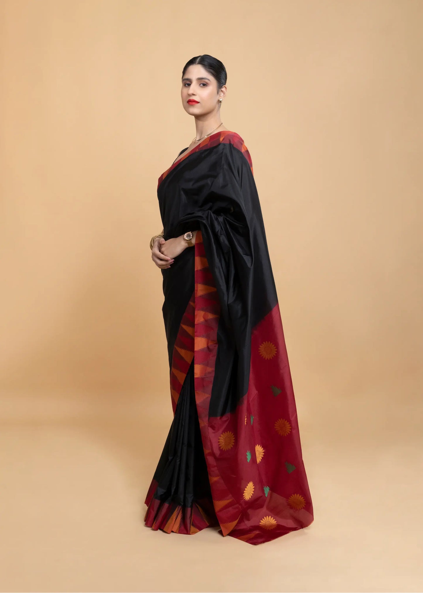 Black Kanjeevaram Silk Saree, With Red Contrast Border (No Blouse)