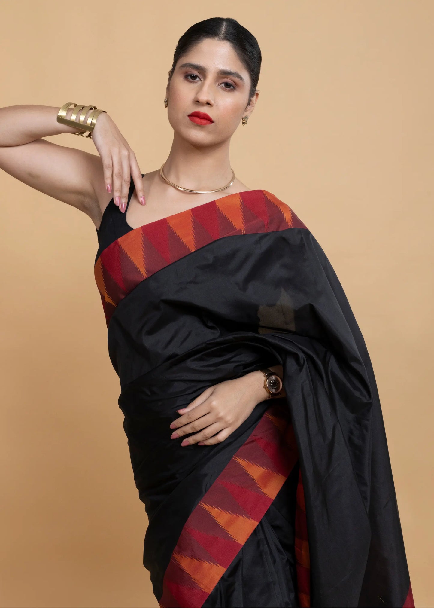 Black Kanjeevaram Silk Saree, With Red Contrast Border (No Blouse)