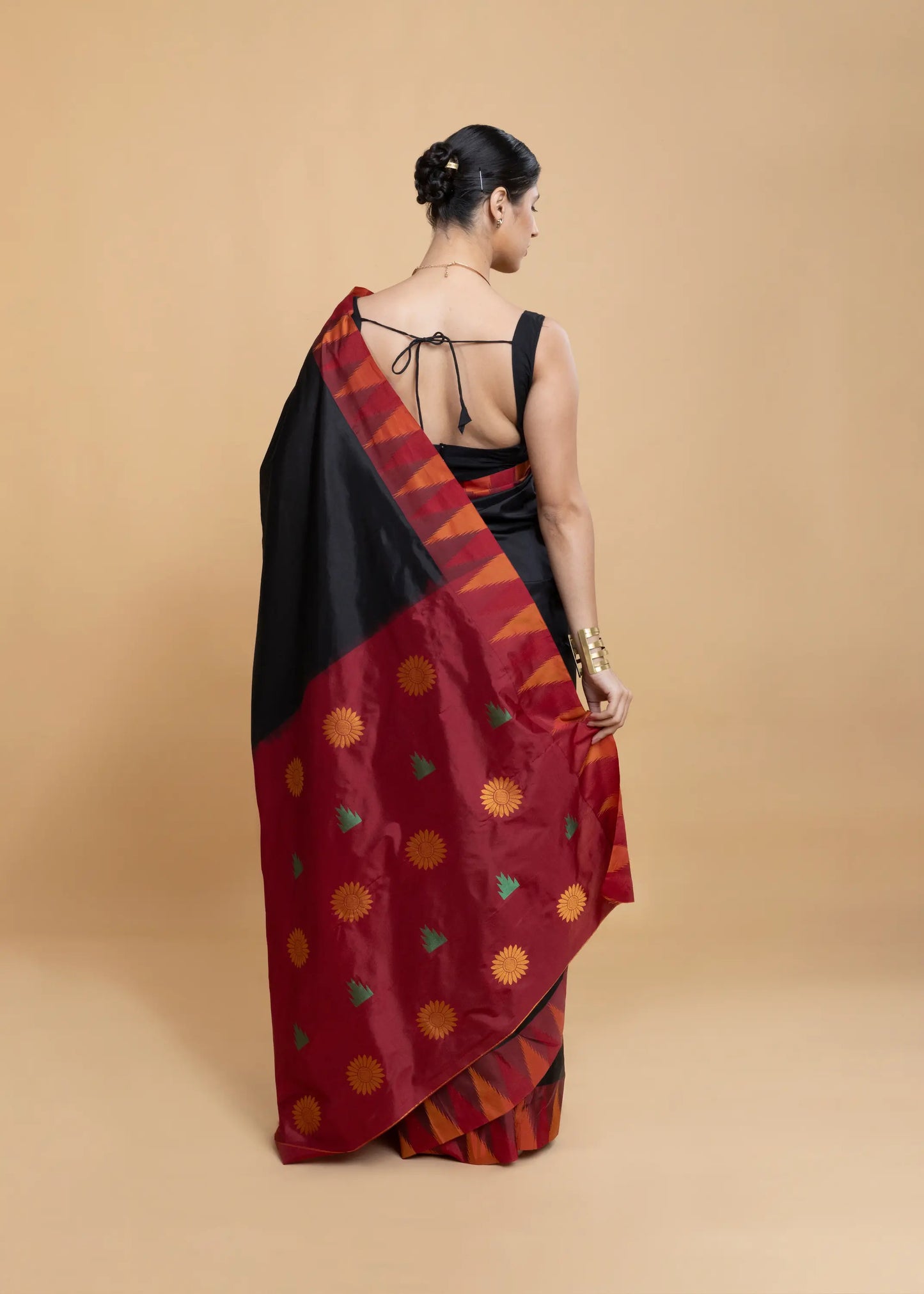 Black Kanjeevaram Silk Saree, With Red Contrast Border (No Blouse)