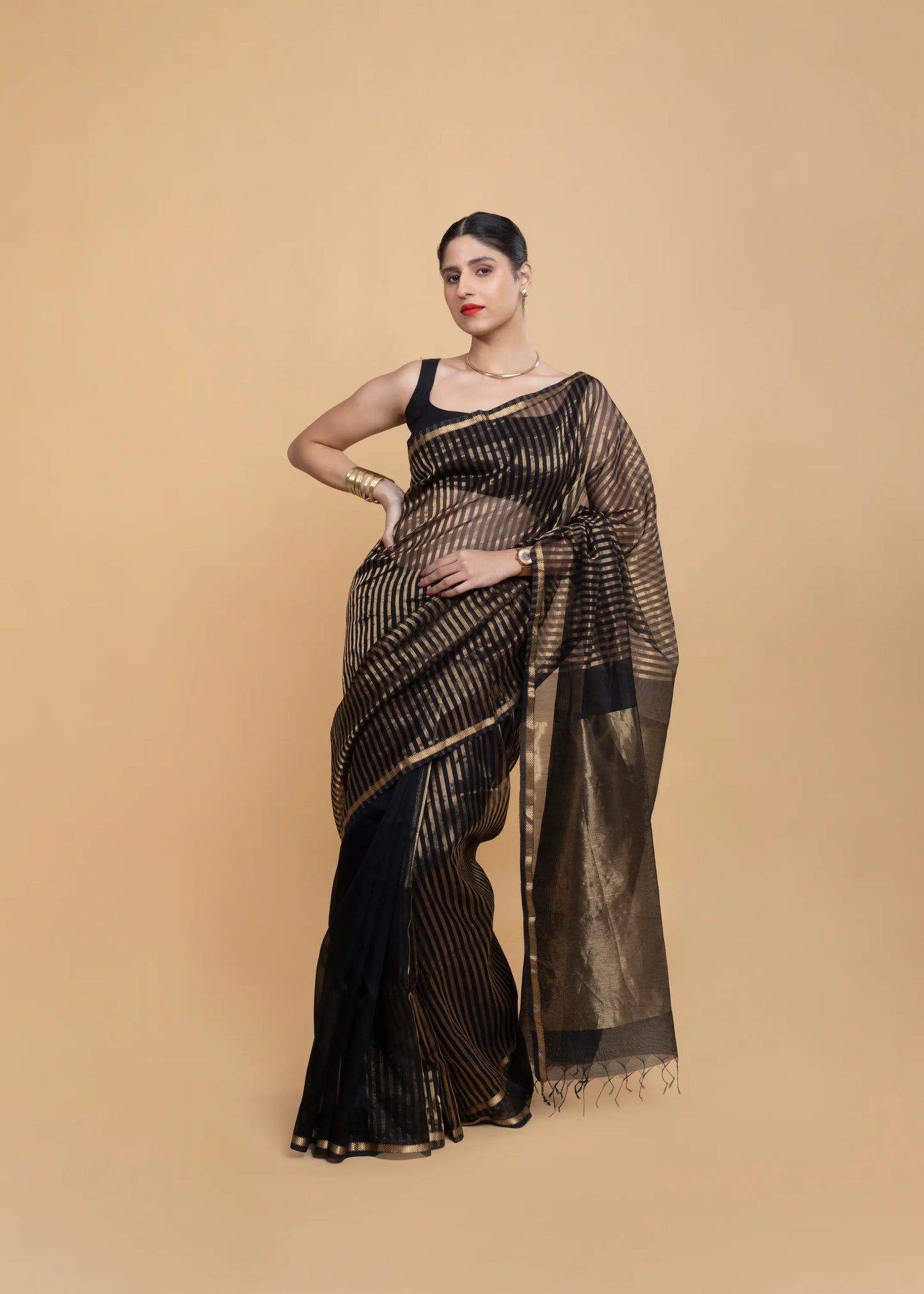 Black And Golden Stripe Maheshwari Saree
