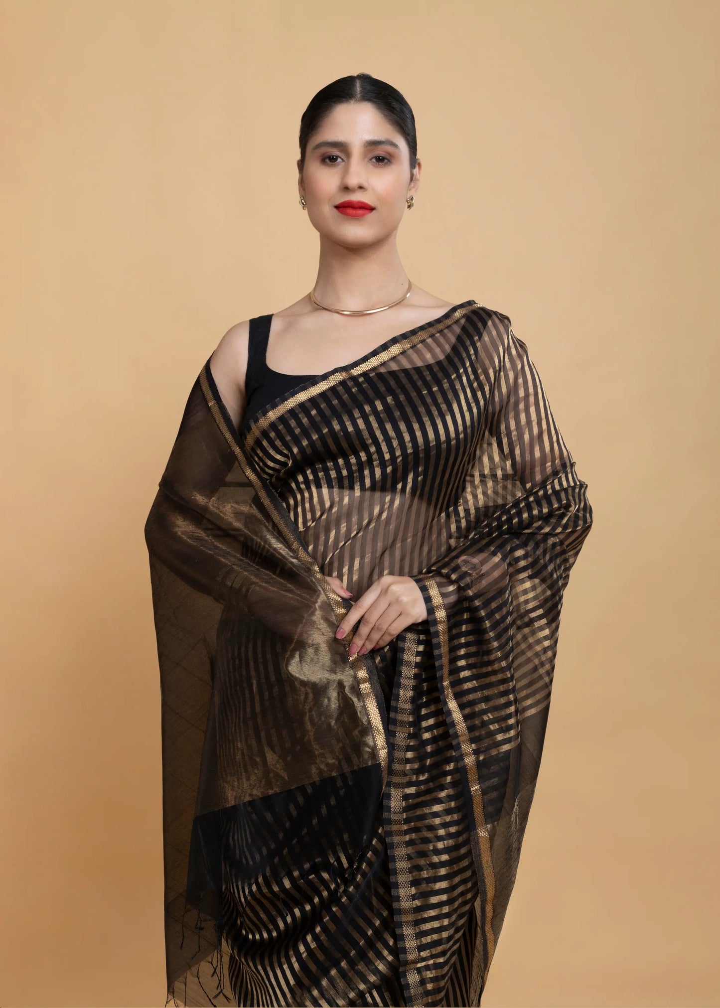 Black And Golden Stripe Maheshwari Saree