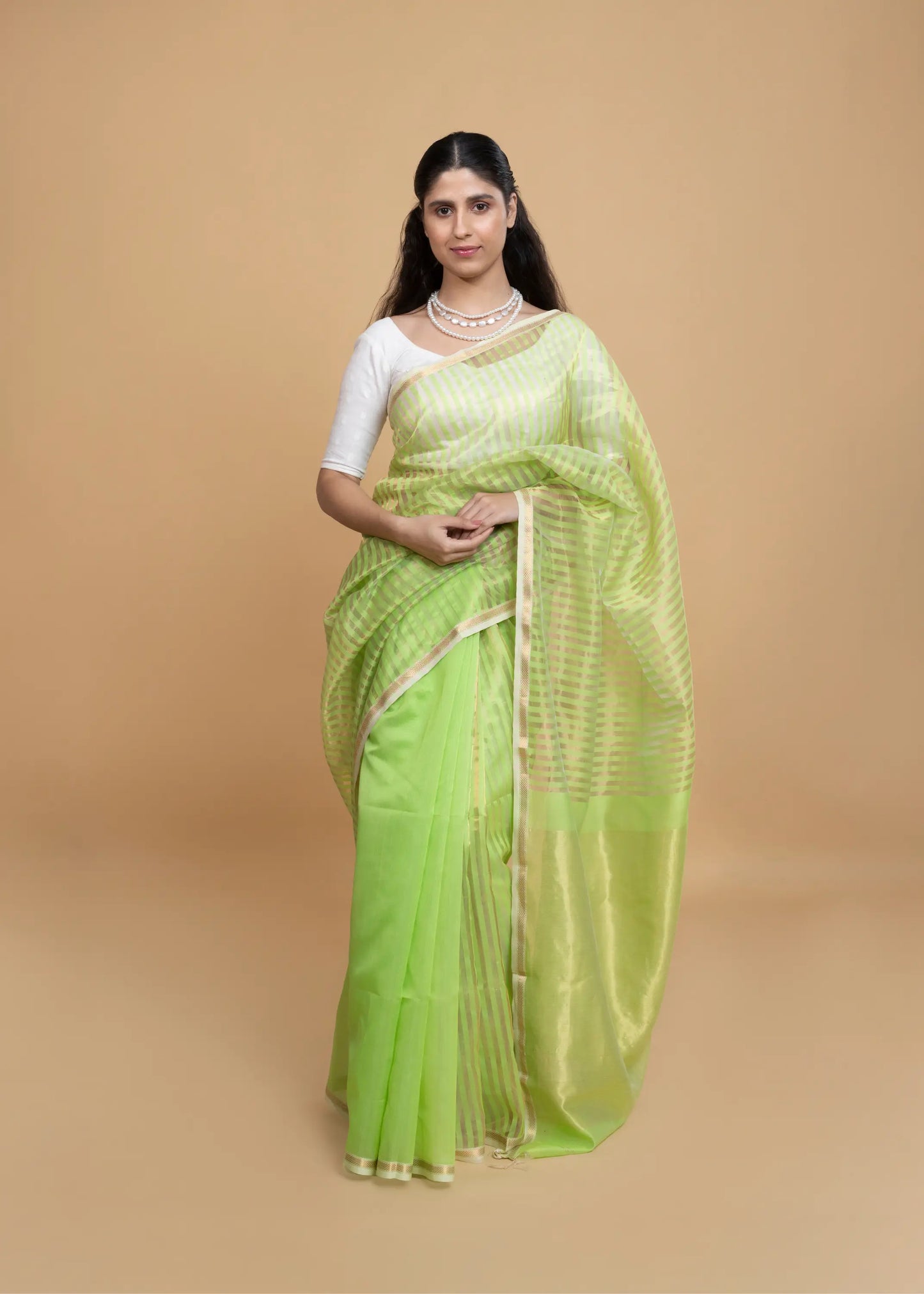 Green And Golden Stripe Maheshwari Saree