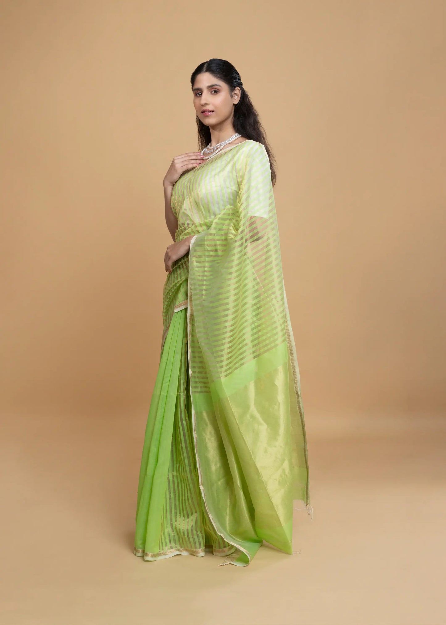 Green And Golden Stripe Maheshwari Saree