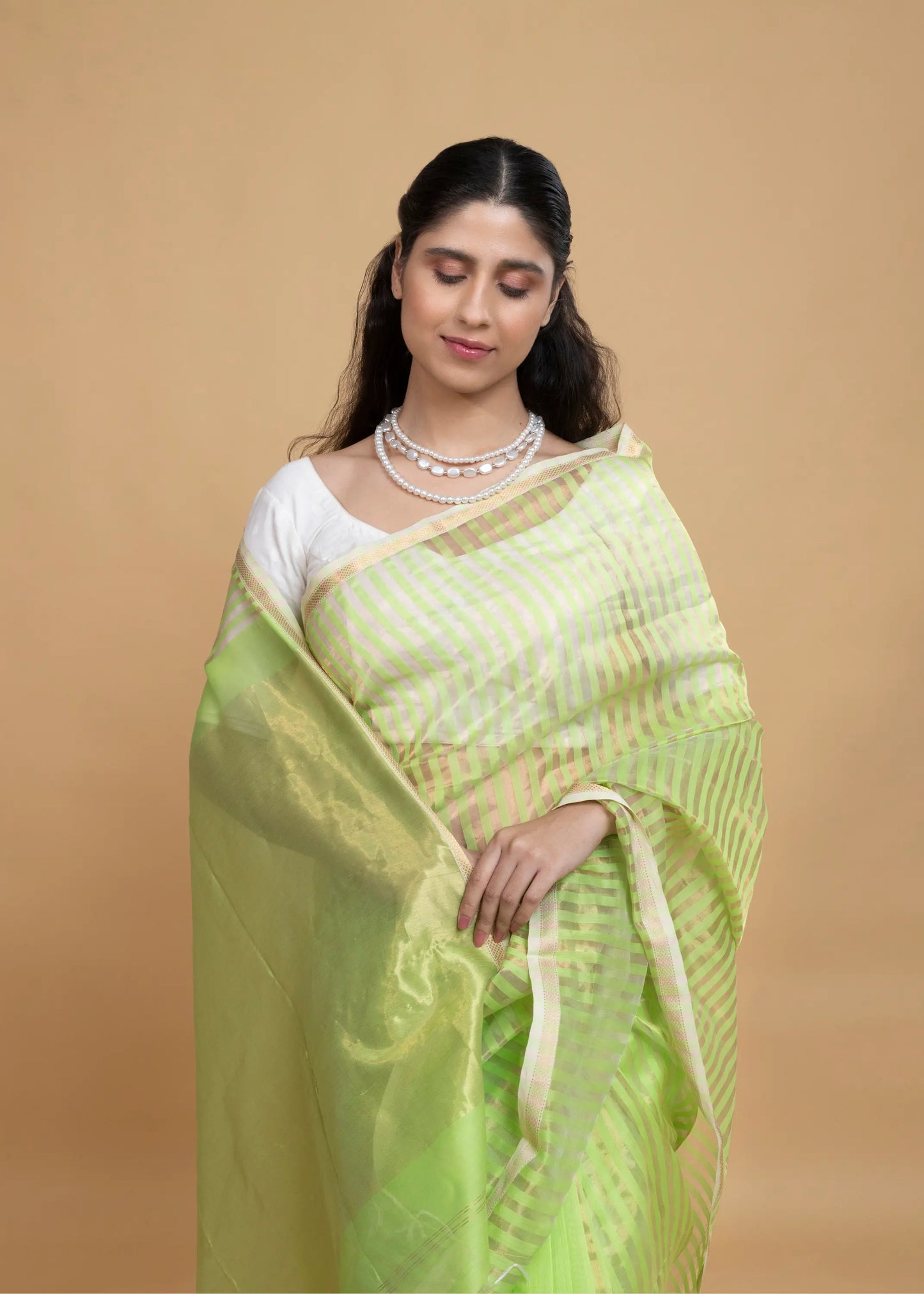 Green And Golden Stripe Maheshwari Saree