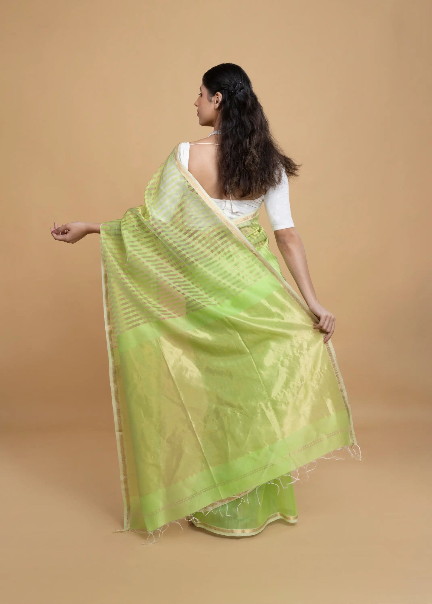 Green And Golden Stripe Maheshwari Saree