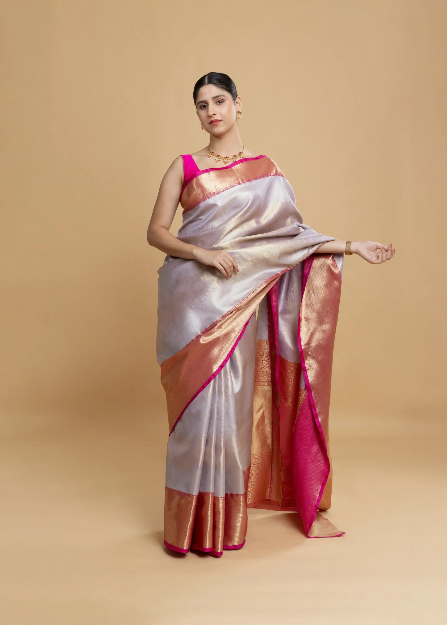 Silver Kanjeevaram Silk Saree, With Pink Border And Zari Pallu
