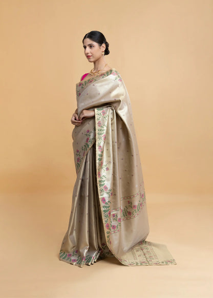 Golden Kanjeevaram Saree With Swan Bootis And Floral Border