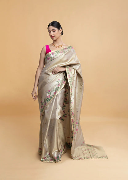 Golden Kanjeevaram Saree With Swan Bootis And Floral Border