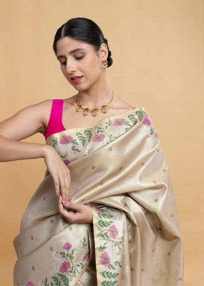 Golden Kanjeevaram Saree With Swan Bootis And Floral Border
