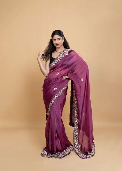 Wine Ombre Satin Saree With Hand Stitched Floral Zardozi