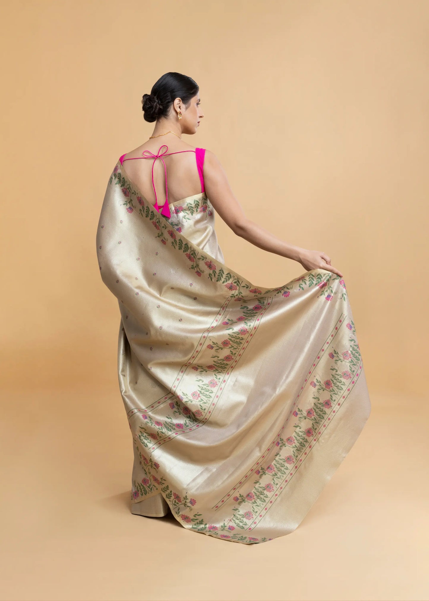 Golden Kanjeevaram Saree With Swan Bootis And Floral Border