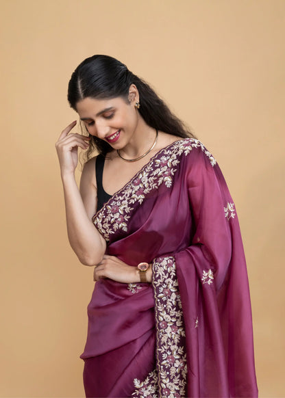 Wine Ombre Satin Saree With Hand Stitched Floral Zardozi