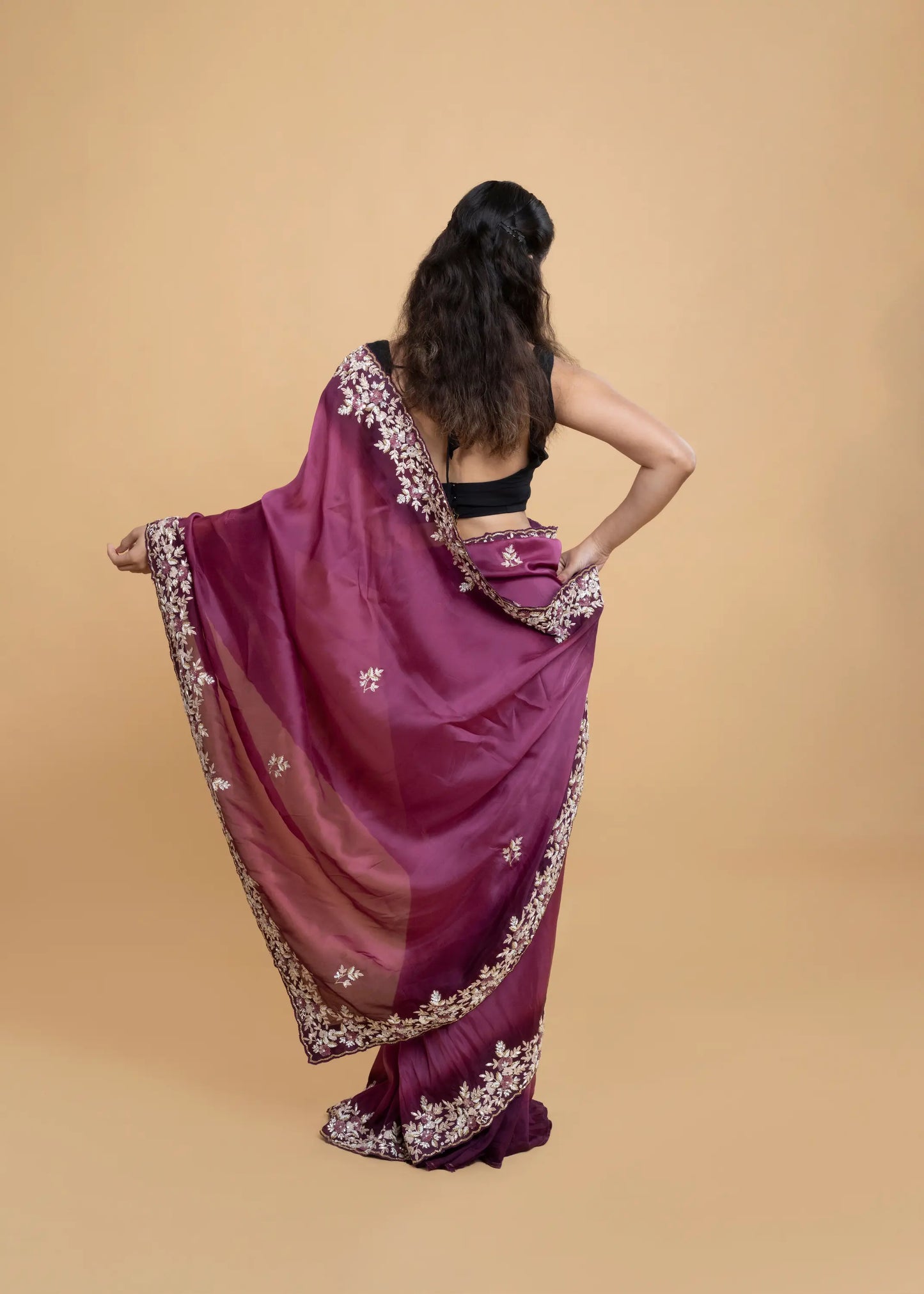 Wine Ombre Satin Saree With Hand Stitched Floral Zardozi